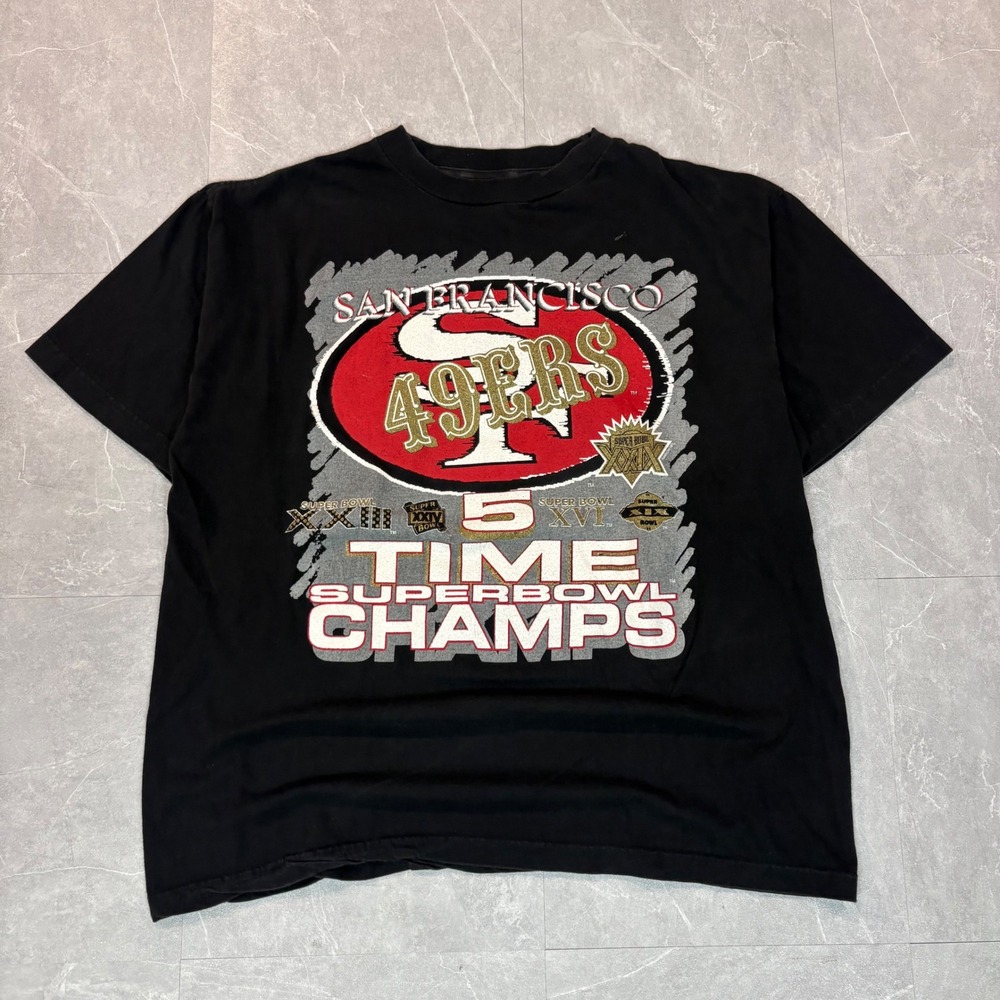 Vintage San Francisco 49ers 5 Time Super Bowl Champs T-Shirt XL Black Champ NFL